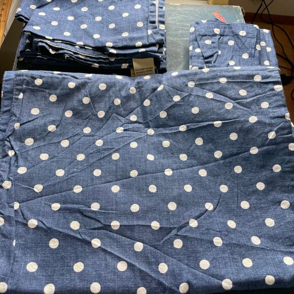 Pottery Barn Blue Soft Denim White Polka Dot Lot Sm Lg Napkins Table Runner - Picture 1 of 6
